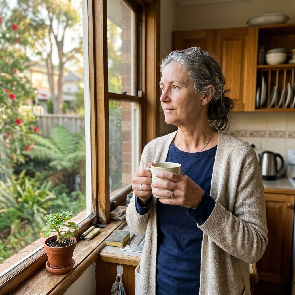 A woman in her fifties standing at a sunlit kitchen window, holding a mug, looking out thoughtfully.