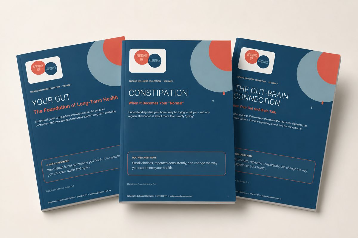 The three volumes of the BUC Wellness Collection: Your Gut, Constipation, and The Gut-Brain Connection.