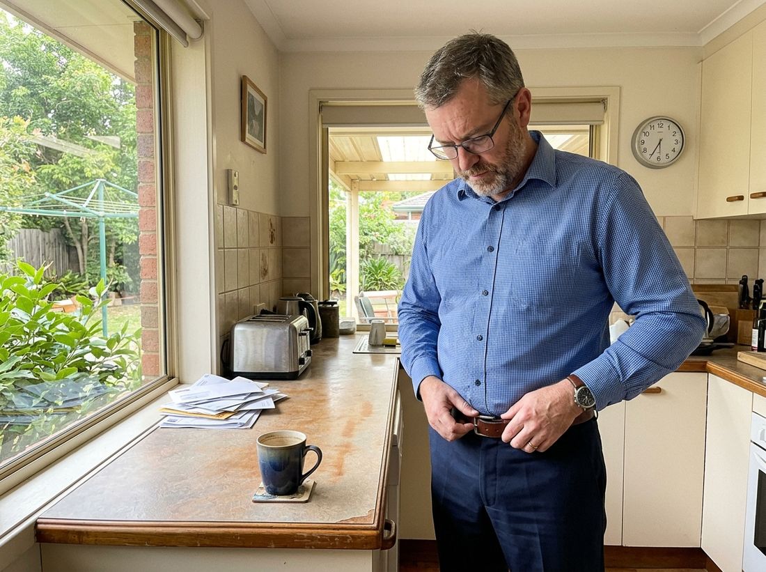 A man in his fifties standing in a suburban kitchen in the morning, dressed for work, looking down as he does up his belt, coffee and unopened mail on the bench beside him.